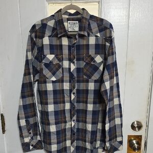Reclaim Athletic Men's Shirt Plaid Longsleeve Button Up Navy/Brown  Sz XL EUC